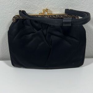 H1 USA Vintage Evening Bag Purse With Snap Red & White Stones Black Small